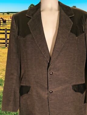 Men's Charcoal Gray Corduroy & Black Leather Western Blazer 48R Pioneer Wear Vtg
